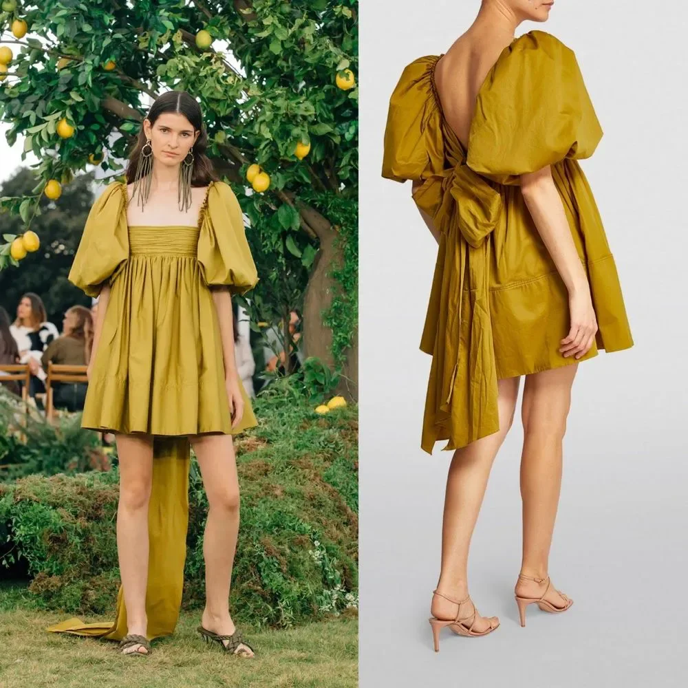 Aje Casabianca Puff Sleeve Bow Mini Dress Olive Green Smock Size AU 10 US 6 - Picture 14 of 16
